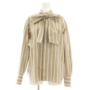 23AW ファインブロード ボウタイブラウス シャツ 長袖 リボン 36 茶 ブラウン 白 ホワイト 12013401203