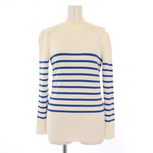 ニット 長袖 ハイネック ストレッチ パール 装飾 ボーダー柄 38 白 ホワイト 青 ブルー /BB