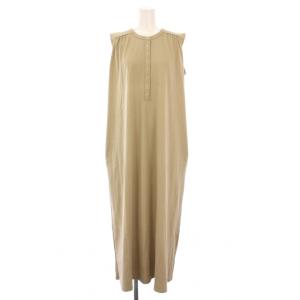 ギャザーヘンリーネックワンピース マキシ ロング ノースリーブ ストレッチ ハーフボタン F ベージュ