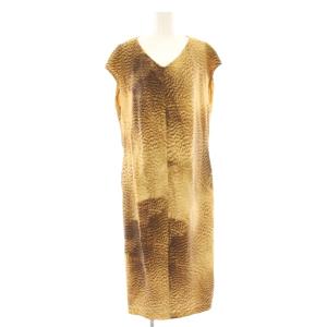 ワンピース ミモレ ロング 総柄 絹 シルク フレンチスリーブ フロントジップ 44 ベージュ 茶 ブラウン