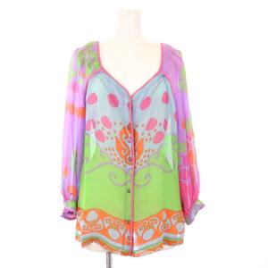 PARIS ブラウス シャツ ノーカラー 長袖 総柄 シアー シルク 42 マルチカラー /KH