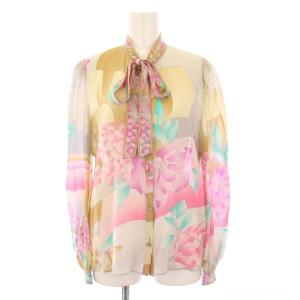 FASHION ボウタイ シャツ ブラウス 長袖 花柄 シルク シアー 11R ベージュ /KH