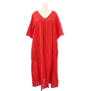 ワンピース ミモレ ロング 五分袖 Vネック 麻 リネン 無地 F 赤 レッド /BB