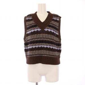 ボーダーメッシュニットベスト プルオーバー Vネック ストレッチ ショート丈 F 茶 ブラウン 165332001