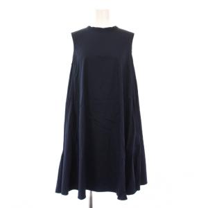 フレアワンピース ひざ丈 ノースリーブ クルーネック 無地 ストレッチ リボン 36 紺 ネイビー /BB