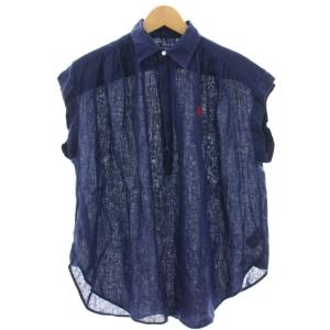 シャツ ブラウス 麻 リネン フレンチスリーブ プルオーバー スモールポニー XS 紺 ネイビー 34360