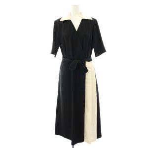 22SS バイカラーラップシャツワンピース ミモレ ロング 半袖 リボン 38 白 ホワイト 黒 ブラック