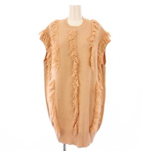 7Gフリンジノースリーブロングニット チュニック丈 ノースリーブ クルーネック 2 ピンクベージュ 6518-299-0454