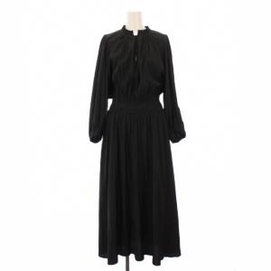 フレアワンピース ギャザー マキシ ロング 長袖 ハイネック ハーフボタン ウエストゴム 無地 2 黒