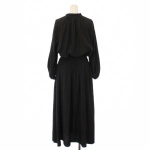 UNTITLED フレアワンピース ギャザー マキシ ロング 長袖 ハイネック ハーフボタン ウエストゴム 無地 2 黒