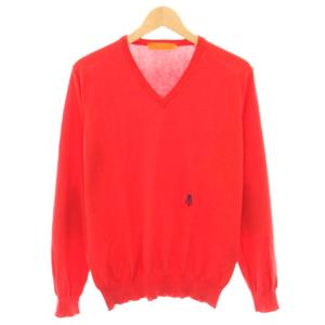ニット セーター Vネック 長袖 エルボーパッチ ロゴ刺繍 M 赤 レッド 紫 パープル A248202