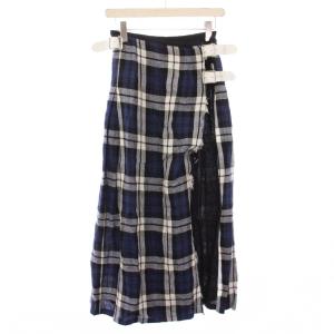 ラップスカート 巻き プリーツ フレア ミモレ ロング ベルト チェック柄 麻 リネン I40 紺 ネイビー