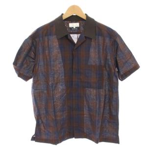 オープンカラーシャツ カジュアルシャツ 半袖 チェック 麻 リネン混 衿ニット 48 茶 ブラウン 紺