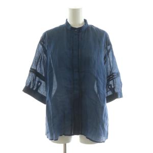 ロイヤルラミーブラウスシャツ タグ付き シアー 半袖 バンドカラー 38 ネイビー 2141-60604