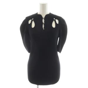 シルバーボタンカットアウトチャイナディティール ニット カットソー リブ 5分袖 F 黒 ブラック LWNT221123