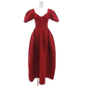 ニットワンピース フレア スクエアネック マキシ ロング 半袖 F 赤 レッド /JS