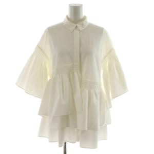 イレギュラー シャーリング 六分袖 ブラウス ソリッド シャツ ティアード フレアスリーブ フリル 38