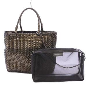 イントレッチオ スモール ハンドバッグ ロゴ ポーチ付き グレー 黒 ブラック /BB