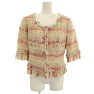 TISSUE ツイード ノーカラージャケット 6823280 五分袖 リボン 38 ベージュ 赤 /G