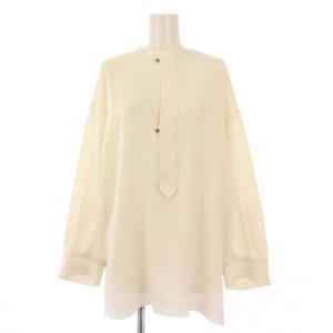 24AW バックサテンアムンゼンカラーレスロングブラウス シャツ プルオーバー 長袖 クルーネック ストレッチ