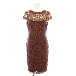 コードレースミディアムドレス ワンピース ひざ丈 半袖 総柄 タグ付き 4 茶 ブラウン ALX1812M