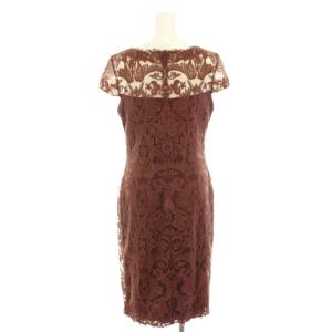 TADASHI SHOJI コードレースミディアムドレス ワンピース ひざ丈 半袖 総柄 タグ付き 4 茶 ブラウン ALX1812M