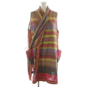 ジレ ロング丈 花柄 ボーダー コットン 0 マルチカラー ピンク 紫 パープル 緑 グリーン /AN32