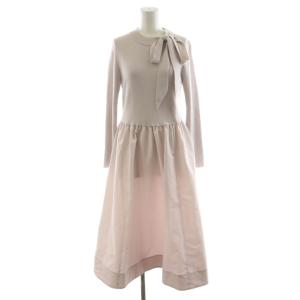 23AW リボン付タフタドッキングワンピース ロング丈 長袖 ニット 切替 ウール 38 ピンク 10232714730