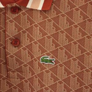 LACOSTE モノグラムジャカードポロシャツ 半袖 ワッペン 総柄 FR5 赤 レッド 茶 ブラウン DH1417 /YT