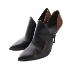 パンプス ピンヒール ポインテッドトゥ レザー 36.5 黒 ブラック ブラウン /YM