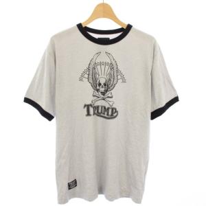 リンガーTシャツ カットソー 半袖 TRUMP プリント スカル S グレー 黒 ATNH-CS-15