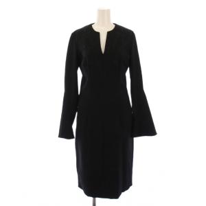 ワンピース 長袖 ミモレ丈 スキッパーネック 刺繍 40 黒 /BM