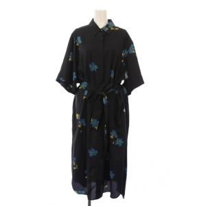 シャツワンピース ミモレ ロング 半袖 レギュラーカラー 花柄 44 紺 ネイビー 青 ブルー タグ付き