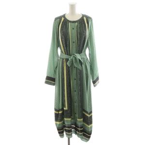 スカーフ柄プリントドレス ワンピース ロング丈 長袖 ペイズリー柄 リボン付き 9 黄緑 黒 ブラック