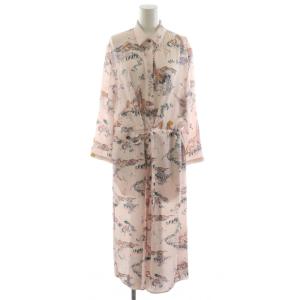 プリンテッド ソフト マウンテンスタディ シャツワンピース ロング丈 長袖 総柄 リボン 44L ピンク