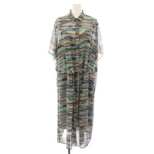 シャツワンピース ロング 半袖 インナーワンピース付き 縄柄 コード柄 大きいサイズ 44L 緑 グリーン