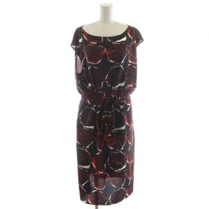 ワンピース ひざ丈 ノースリーブ 薔薇柄 リボン付き 46L 紺 ネイビー 赤 レッド OPPSLA0015