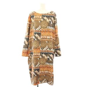 ワンピース ひざ丈 長袖 総柄 タグ付き アンダードレス付き 絹 シルク 13 白 ホワイト 茶 ブラウン