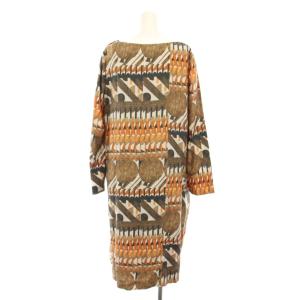 MOGA ワンピース ひざ丈 長袖 総柄 タグ付き アンダードレス付き 絹 シルク 13 白 ホワイト 茶 ブラウン