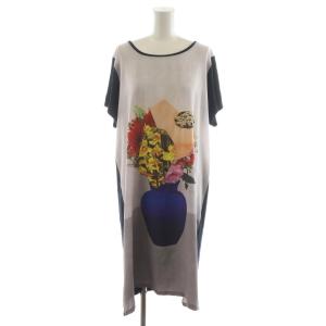 ワンピース ひざ丈 花柄 半袖 XL グレー 紺 ネイビー KKPSLW0853 /AN30