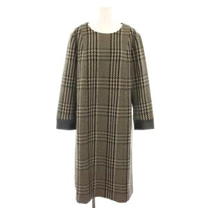 ワンピース ひざ丈 長袖 千鳥格子柄 フェイクレザー切替 大きいサイズ 15AB 茶 ブラウン 黒 ブラック