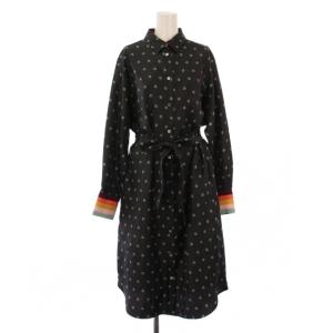 シャツワンピース ミモレ ロング 長袖 レギュラーカラー 花柄 ベルト 44 黒 ブラック /BB