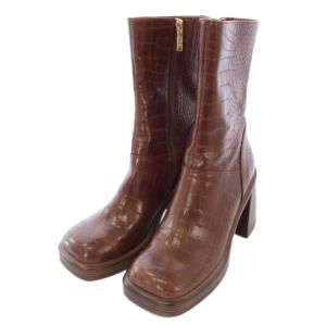 FINITE チャンキーヒールブーツ ショートブーツ ミドルブーツ 型押し レザー US7 23.5cm