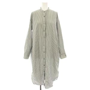 シャツワンピース ひざ丈 バンドカラー 長袖 ストライプ柄 ロゴ刺繍 F 黒 ブラック 白 ホワイト BEZ10A2209A0001