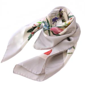 スカーフ 花柄 フラワー シルク 白 ホワイト マルチカラー /BB OH