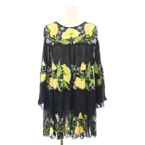 22SS 刺繍ギャザートップ ブラウス チュニック 長袖 シアー 花柄 刺繍 36 紺 ネイビー 黄 イエロー