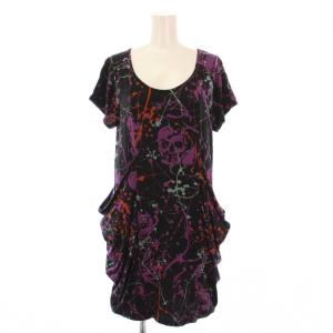 ワンピース ひざ丈 半袖 Uネック ストレッチ スカル柄 ドクロ柄 ペイント 総柄 F 黒 ブラック マルチカラー