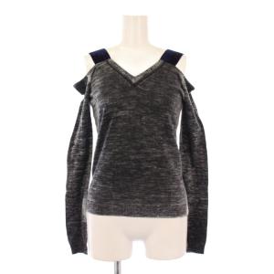 ニット 長袖 Vネック 薄手 ベロア 切替 ウール シルク混 36 黒 ブラック グレー /BB