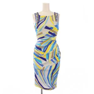 タイトワンピース ひざ丈 ノースリーブ スクエアネック ストレッチ プッチ柄 シルク混 I38 青 ブルー