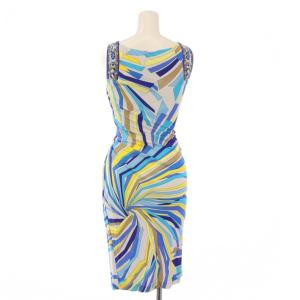 Emilio Pucci タイトワンピース ひざ丈 ノースリーブ スクエアネック ストレッチ プッチ柄 シルク混 I38 青 ブルー